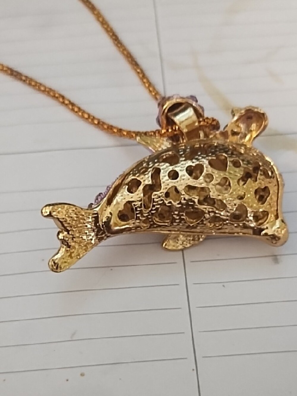 Betsey Johnson Gold Dolphin Pendant Necklace with Clear and Lavender Rhinestones - Picture 5 of 6